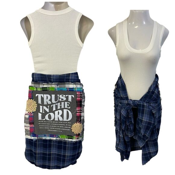 Christian Religious Flannel Shirt Womens 1X Shacket Upcycled Art Cottage Blue - Picture 5 of 16